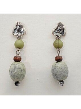 Boho Style Dangle Earrings With Green & Brown Beads And Silver Accents 2"